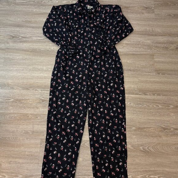 ASOS DESIGN Heavy Denim Boiled Cotton in Black White Floral Print Jumpsuit sz 10 - Picture 2 of 13